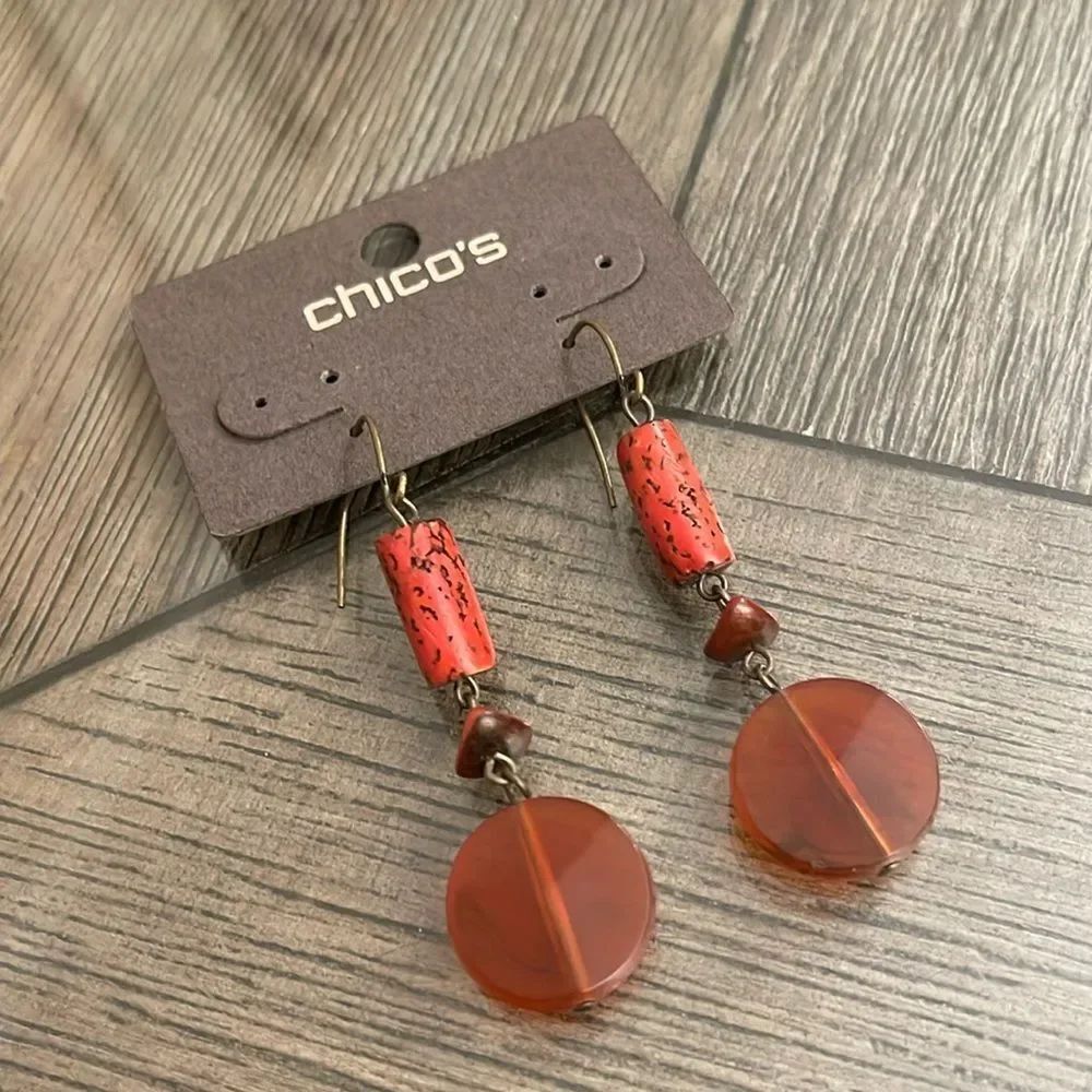 Chico’s Corva Earrings Reddish Orange Wooden & Acrylic Dangle Earrings